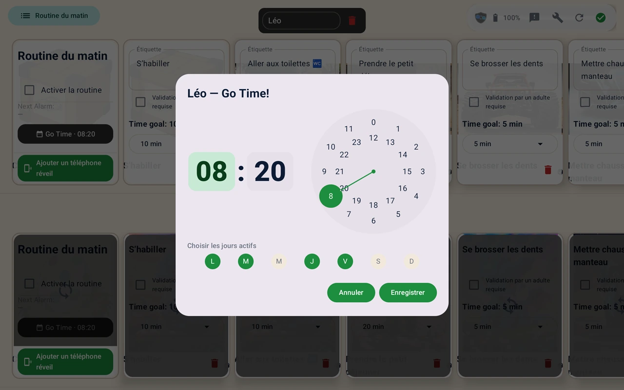 Capture d'écran de TacTacGo sur tablette avec les réglages et la fenêtre Go Time