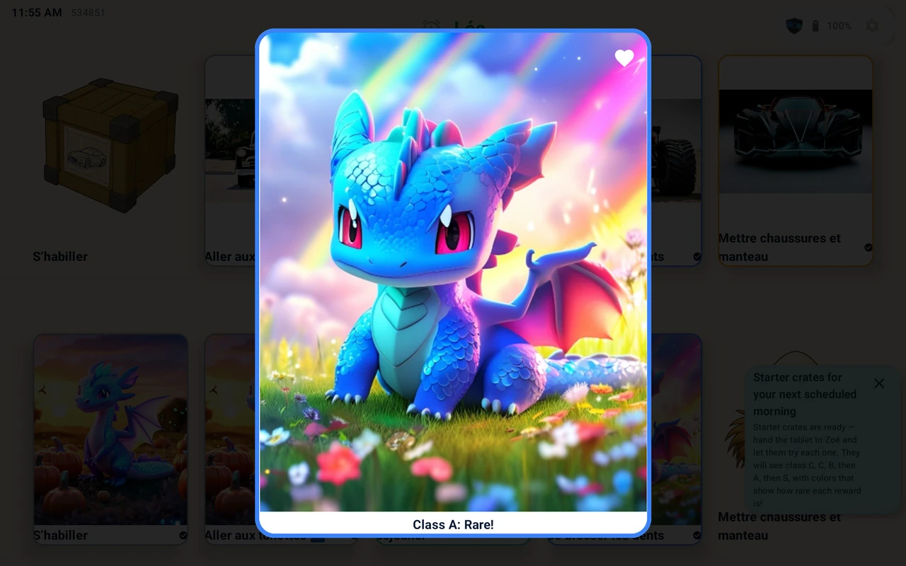 Révélation TacTacGo de Zoé avec un dragon à collectionner